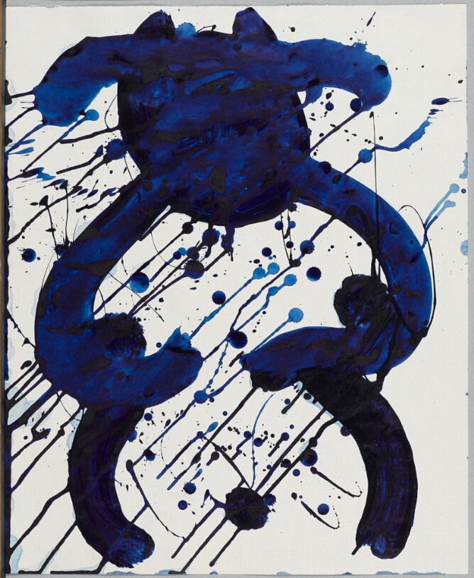 A gestural, abstract drawing of a nude female body with a blue head and no arms, shown from the waist up, in thick, translucent dark blue lines, layered over drips and splatters