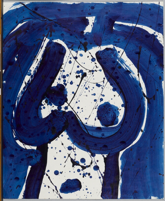A gestural, abstract drawing of a nude female's torso in thick, translucent blue lines, against a blue background, layered over drips and splatters