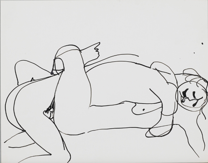 A gestural black and white, abstract drawing of two nude figures lying down, intertwined and intimately embracing