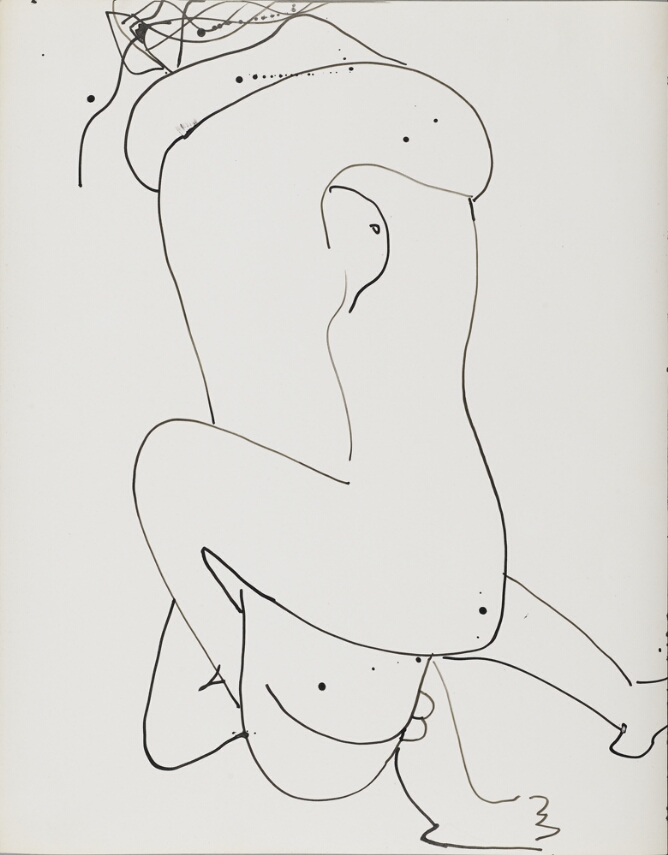 A gestural black and white, abstract drawing of two nude figures sitting up, intertwined and intimately embracing
