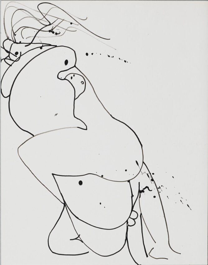 A gestural black and white, abstract drawing of two nude bodies intertwined in a dynamic embrace