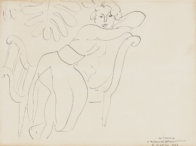 A gestural black and white drawing of a woman lounging on a chair