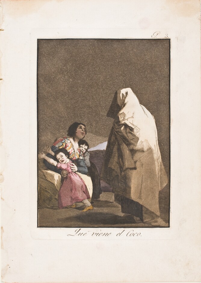 A color print of a shrouded figure approaching a woman and two terrified children