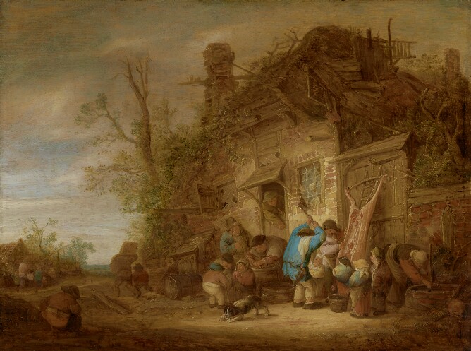 Peasants Outside a Farmhouse Butchering Pork