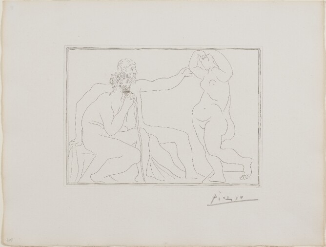 A black and white print of two nude men sitting in front of a standing nude female sculpture