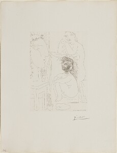 Suite Vollard, 1939, Paris: Model Leaning on a Painting (Seated Nude with Painting and Sculptured Head)