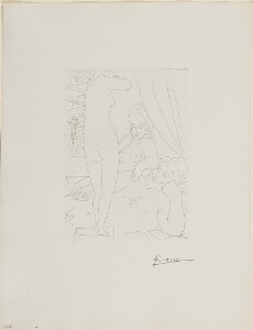 Suite Vollard, 1939, Paris: Sculptor at Rest and the Model with Mask (Scuptor, Model Wearing Mask, and Statue of Standing Nude)