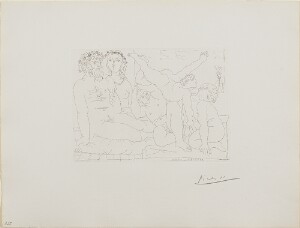 Suite Vollard, 1939, Paris: Family of Saltimbanques (Sculptor and Model Watching Three Jugglers)