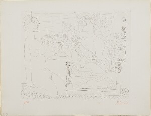 Suite Vollard, 1939, Paris: Model Contemplating a Sculptured Group (Model Kneeling by a Window Viewing a Sculpture of Nude Figures and a Rearing Horse)