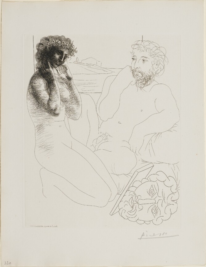 A black and white print of a sitting nude man looking at a kneeling nude woman, rendered in dark shading on her upper body. On the ground beside them, an upturned sculpture of a head