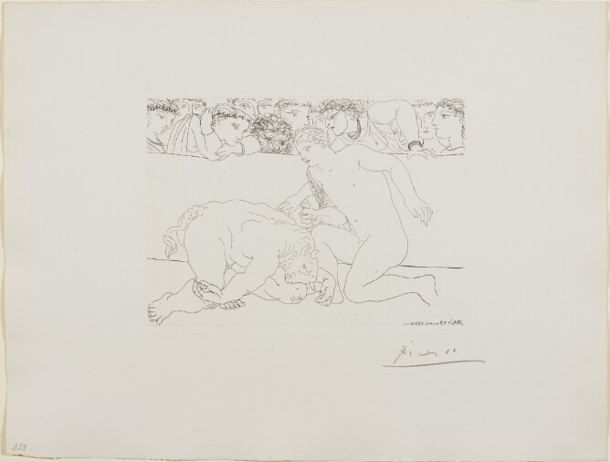 A black and white print of a nude young man kneeling before a fallen minotaur, a mythological creature with the head of a bull and body of a man, with an audience watching from above