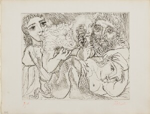 Suite Vollard, 1939, Paris: Minotaur, Man Drinking and Women (Minotaur, Drinking Sculptor, and Three Models)