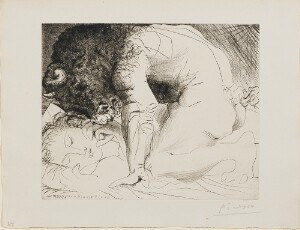 Suite Vollard, 1939, Paris: Minotaur Caressing the Hand of a Sleeping Woman with His Muzzle