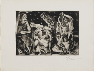 Suite Vollard, 1939, Paris: Blind Minotaur Guided by Marie-Thérèse with Pigeon on a Starry Night