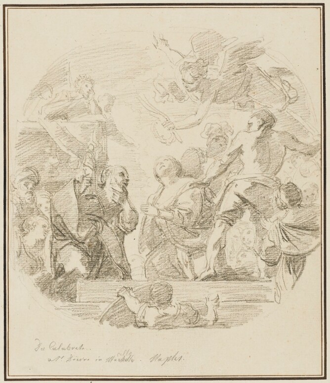 A black and white drawing of a kneeling woman looking up at an angel, while a standing figure to her left raises a sword. To her right, a figure looks at her while pointing to a statue in his hand