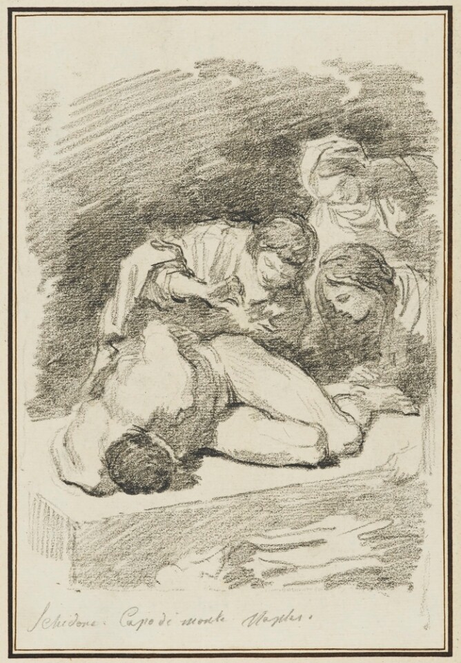 A black and white drawing of three women caring for the lifeless, nude and contorted body of a man, whose face is hidden from the viewer