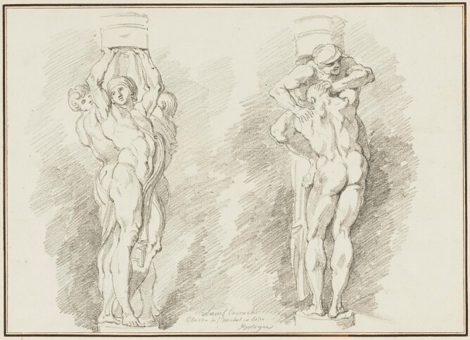 A black and white drawing of three standing nude, muscular men clustered together, holding up an object. To the right, a standing nude, muscular man with his back facing the viewer, holds a figure climbing on him and using their back to support an object