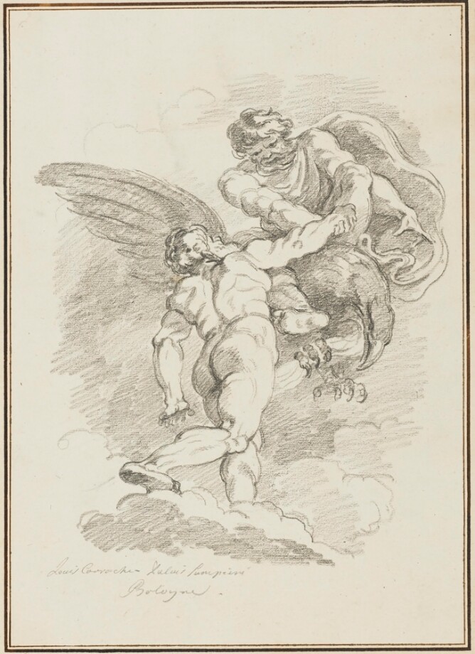 A black and white drawing of a muscular nude man standing on a cloud with his back turned to the viewer. He reaches out and grabs the hand of a bearded man sitting on a large bird and reaching towards him