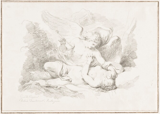 A black and white drawing of a curly-haired winged figure shown from the chest up holding an arrow in his right hand, leaning over a partially nude woman lying down. The woman touches the figure's chest with her left hand and wraps her right arm around his left arm, touching her shoulder