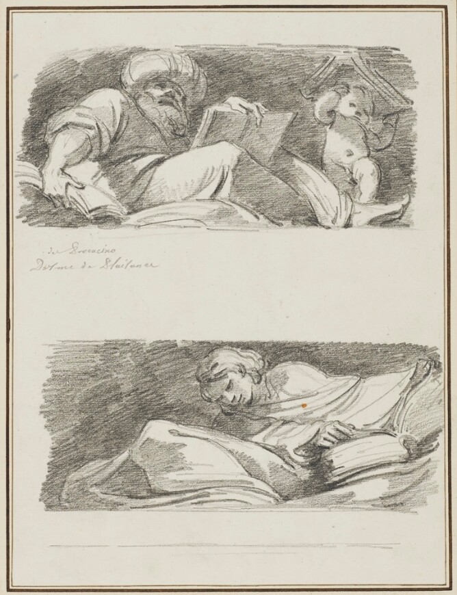 A sheet of black and white drawings. At the top, a seated bearded man leans back, looking up and holds a book with his left hand and papers in his right. Below, a young man seen from the chest up, leans to his right and touches a page of his book with his right hand