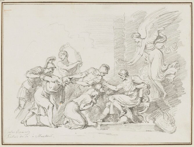 A black and white drawing of a seated man with an angel holding a wreath above his head. Men in armor approach him, pulling another man towards him