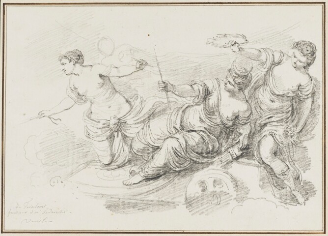 A black and white drawing of a woman holding a wreath over a reclining woman who has a crescent moon on her head and holds a stick-like object. Next to her, a woman standing on her knees holds a stick-like object in each hand