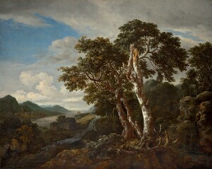 Three Great Trees in a Mountainous Landscape with a River