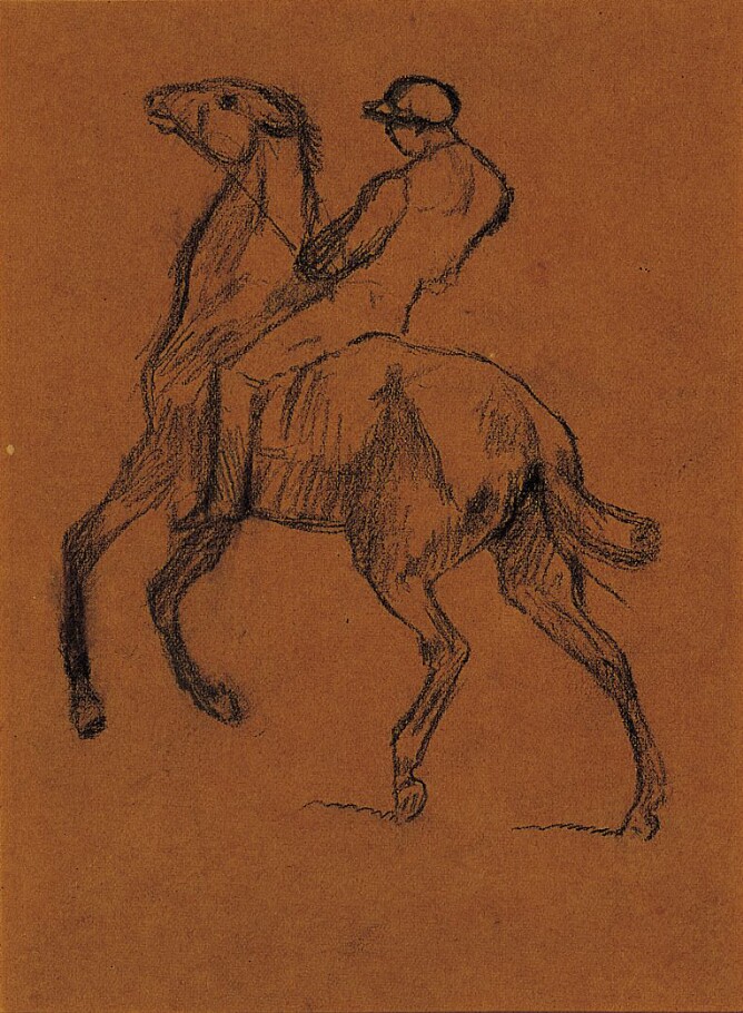 A mixed media drawing of a man on a horse with his back turn towards the viewer