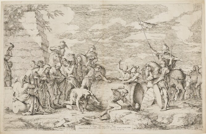 A black and white print of a figure lying inside an overturned barrel with a spiked lid. Other figures are hammering into the barrel as additional figures surround them and watch