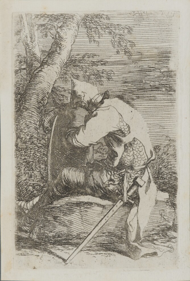 A black and white print of a man in armor sitting on a rock, resting his hands and head over his upright shield