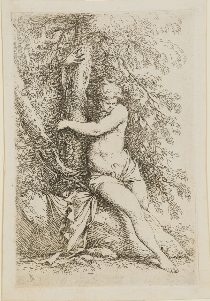 A black and white print of a nude woman sitting on a rock and holding onto a tree