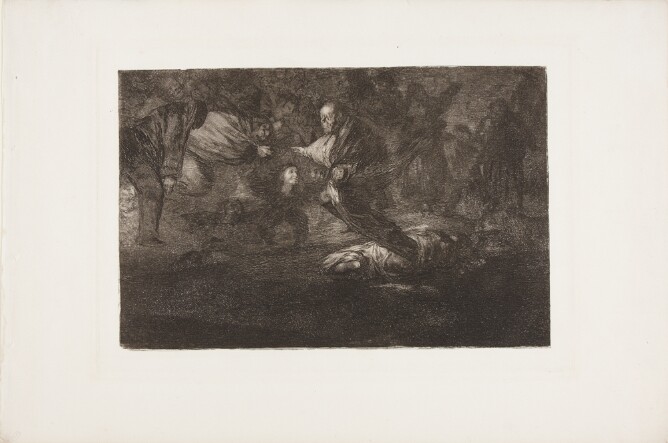 A black and white print of a figure lying on the ground with phantom-like figures blurred together in shadow and floating above the figure