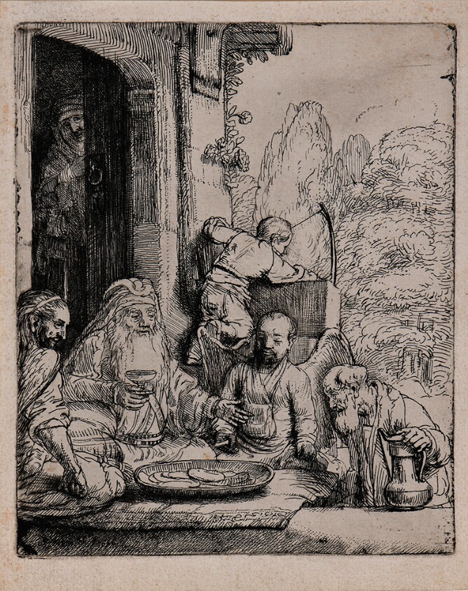 A black and white print of a sitting elderly figure holding a cup and engaging with winged figures, as a standing woman watches by an open door behind him