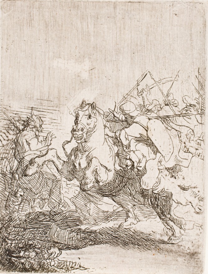 A black and white print of a horse leaping towards the viewer as a battle ensues around