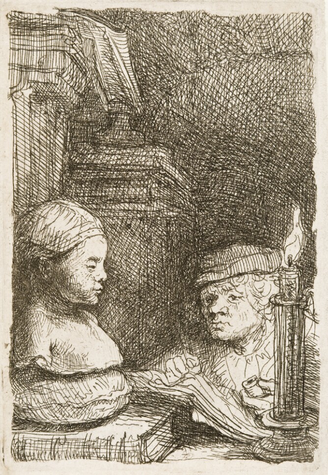 A black and white print of a man drawing from a sculpture of a bust in candlelight