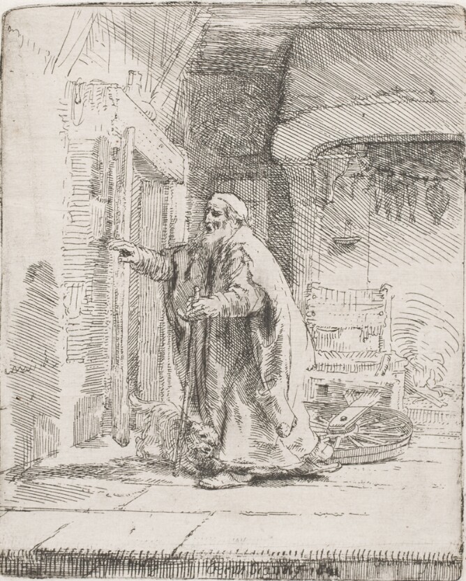 A black and white print of a man in a room walking with a stick reaching out towards a wall with a dog at his feet. A spinning wheel is knocked over behind him next to a chair and fireplace