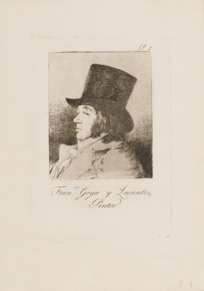 A black and white portrait of the artist in profile, wearing a top hat and coat, shown from the chest up. At the bottom, an inscription of the artist's name and title