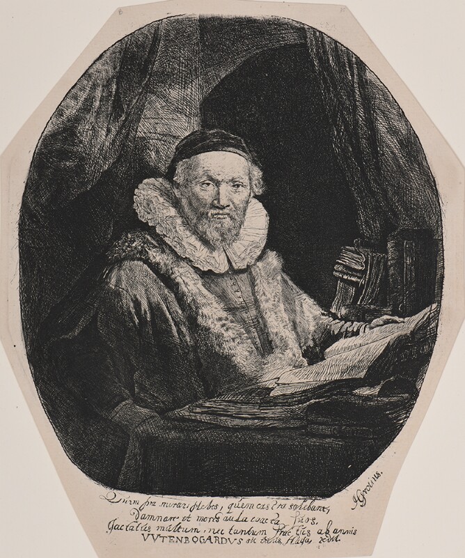 A black and white print of a bearded man wearing a cap, large collar and fur stole sitting at a desk and holding open a book