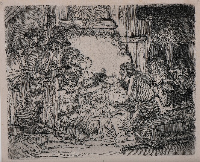 A black and white print of a baby lying beside a woman and a standing man, with an oil lamp behind them. A group gathers to the viewer's left as cows graze to the viewer's right