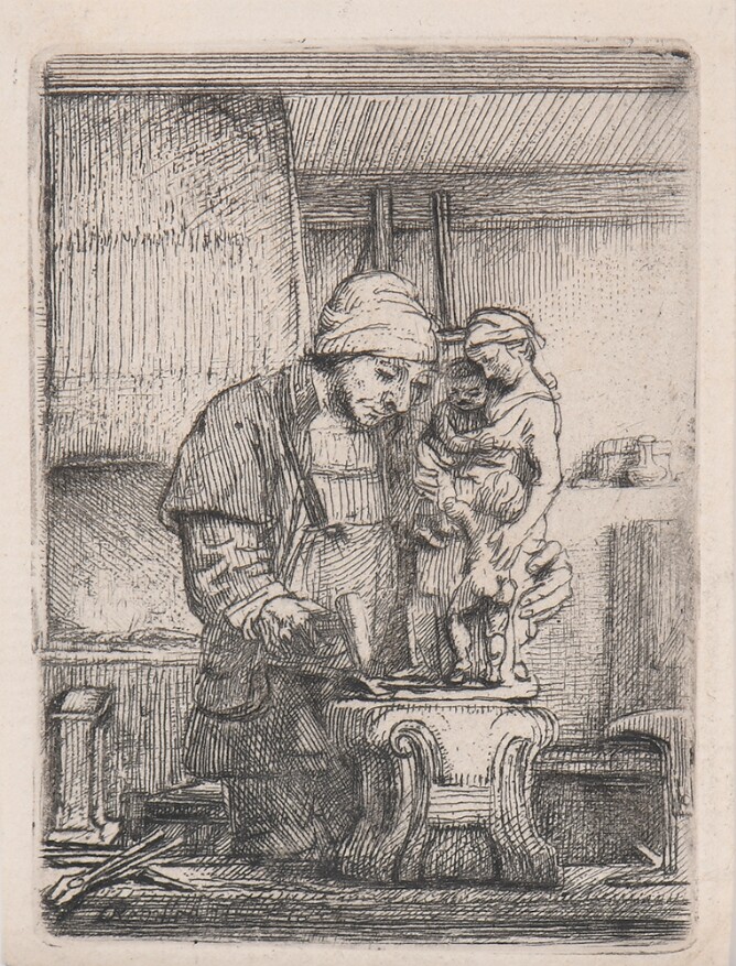 A black and white print of a standing man holding a hammer and a sculpture on a pedestal of a standing woman carrying a child with another child at her waist