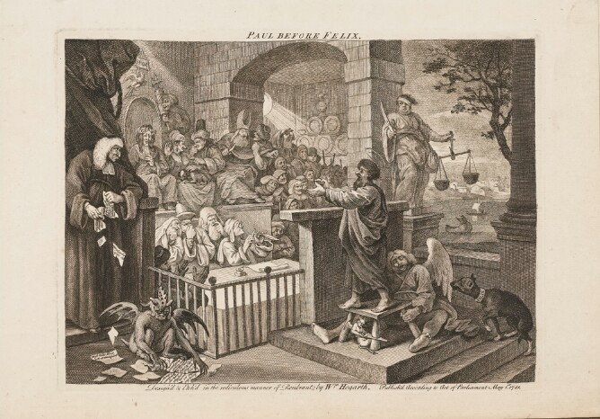 A black and white print of a man standing on a stool held by an angel sitting on the ground. He faces another man sitting on a platform with a group of figures. To the viewer's left, a standing man tears paper gathered by a winged demon