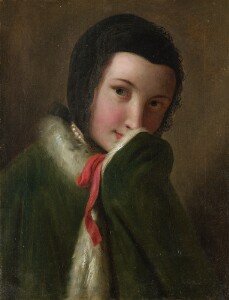 Woman Wearing a Black Scarf with Lace Trim