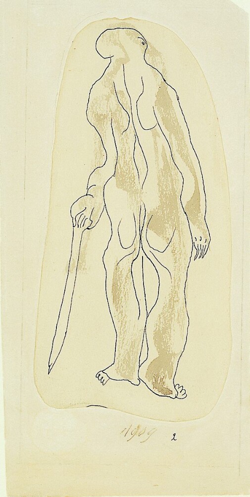 A mixed media, abstract drawing of a nude figure standing with his back towards the viewer, holding a cane