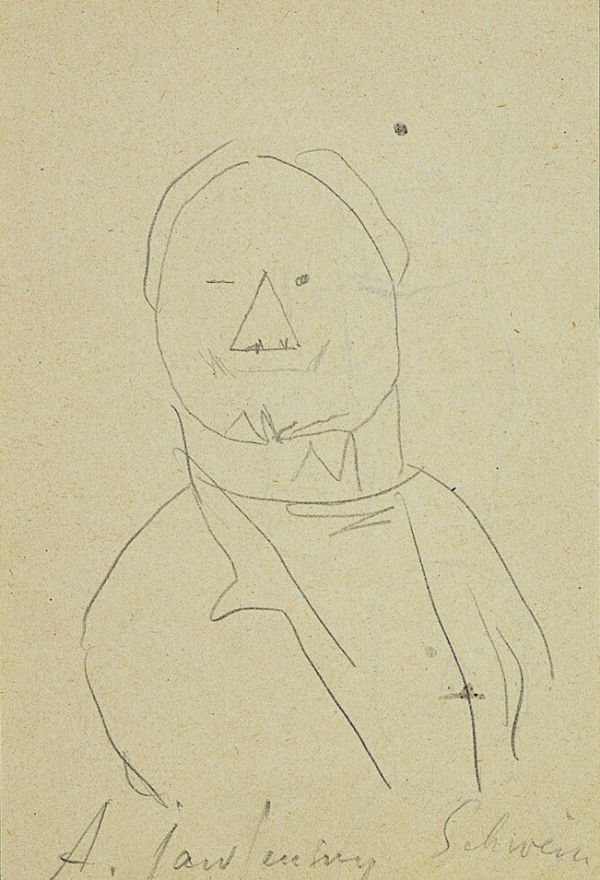 A black and white caricature drawing of a figure with a triangle nose, winking, shown from the waist up