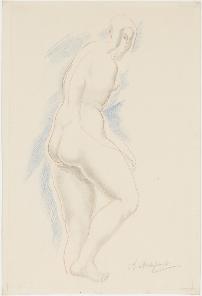 A drawing of a nude, standing woman shown from behind, turning towards the viewer. Her head is proportionally smaller than her body, with blue shading around her body