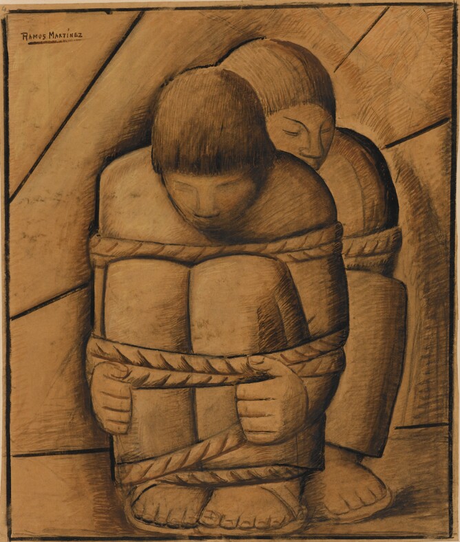 A mixed media drawing of two figures, one behind the other, sitting with knees to their chest and bound by rope