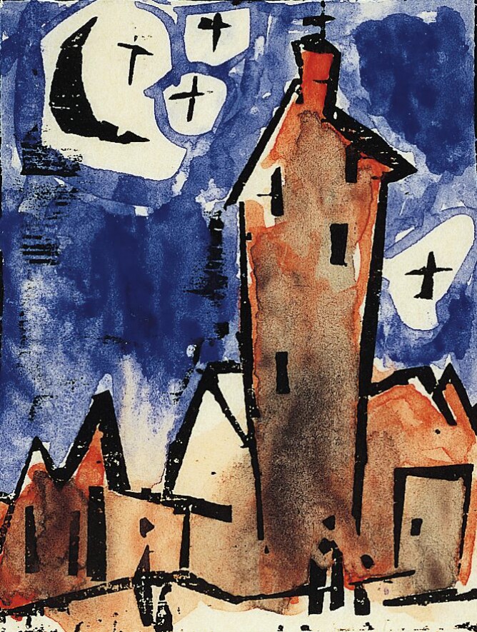 A mixed media abstract print of a tall brown building outlined in black with a cross on top among other brown buildings, against a dark blue sky with a black moon and stars