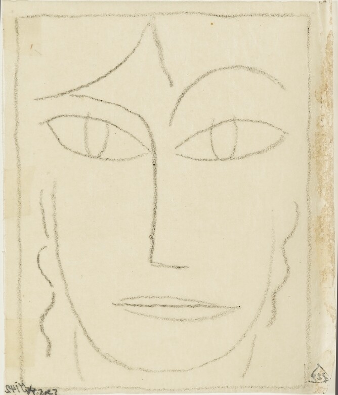 A black and white, abstract drawing of a face with minimal lines and a raised eyebrow, filling the frame