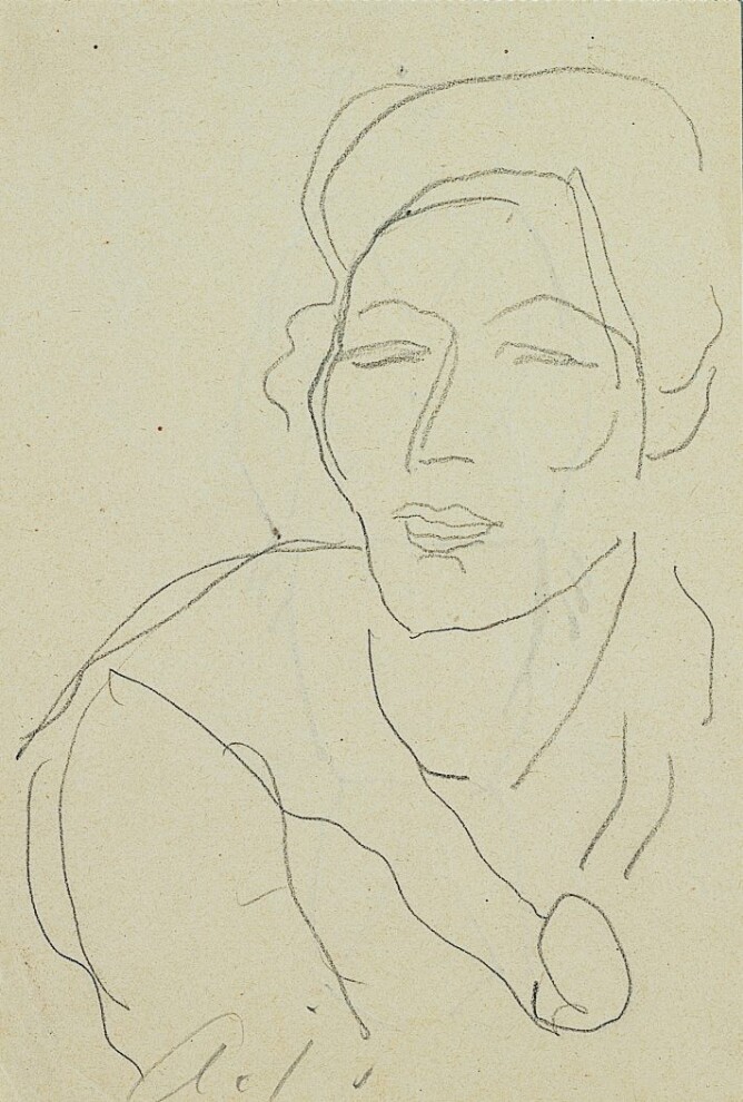 A black and white drawing of a woman with closed eyes shown from the chest up. In the lower left corner, an inscription of the artist's initials