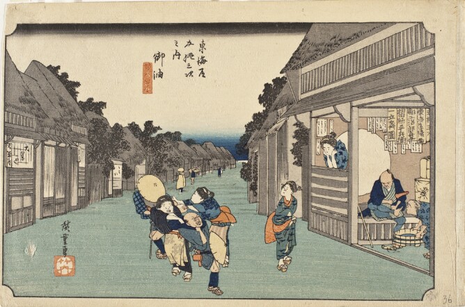 A color print of two standing women grabbing two standing men in the middle of shop-lined path. A passerby looks towards them by an open shop with three figures